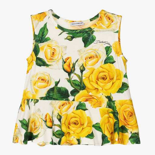 Dolce & Gabbana-Girls Yellow Rose Print Viscose Top | Childrensalon