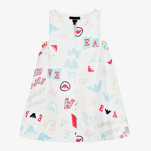 Emporio Armani-Girls White EA & Eagle Print Cotton Dress | Childrensalon