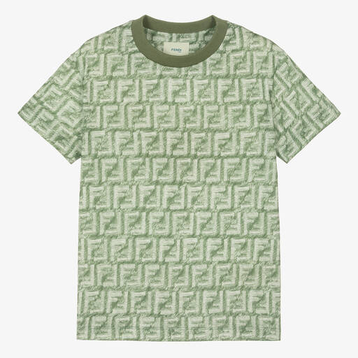 Fendi-Teen Boys Green FF Logo Cotton T-Shirt | Childrensalon