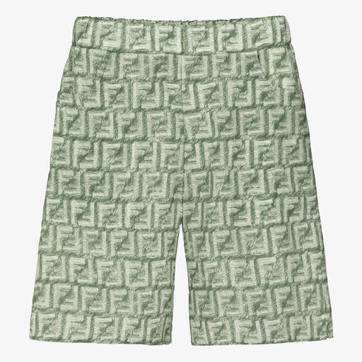 Fendi-Teen Boys Green Linen FF Logo Shorts | Childrensalon