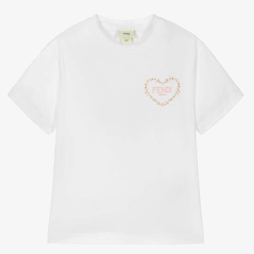 Fendi-Teen Girls White Cotton Embroidered T-Shirt | Childrensalon