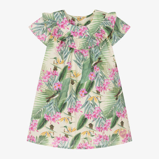 Guess-Girls Green Cotton Tropical Print Dress | Childrensalon