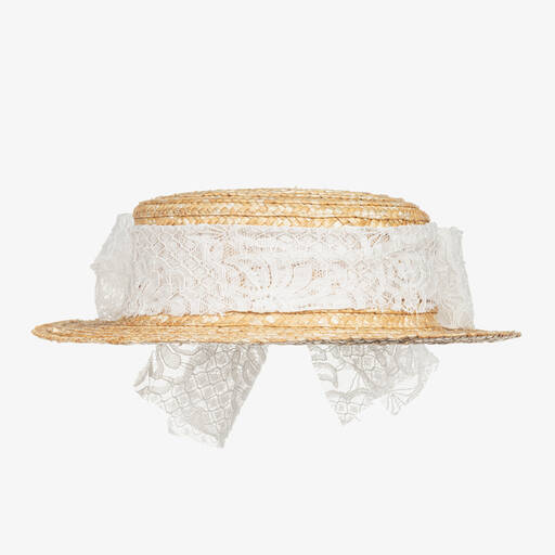 Irpa-Girls Beige Straw & Lace Hat | Childrensalon