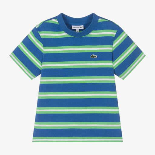 Lacoste-Boys Blue Striped Cotton T-Shirt | Childrensalon