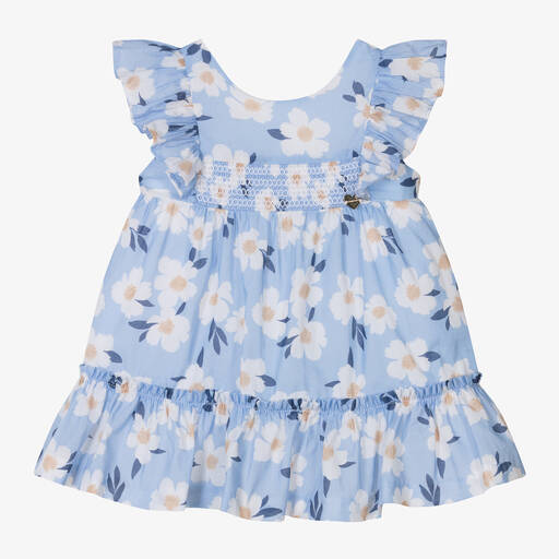 Mayoral-Girls Blue Floral Cotton Shirred Dress | Childrensalon