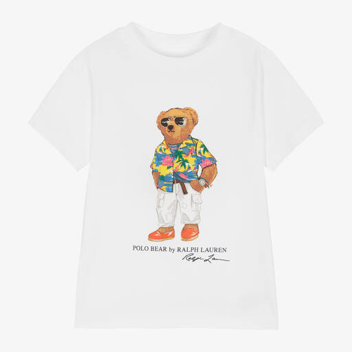 Ralph Lauren-Boys White Cotton Polo Bear T-Shirt | Childrensalon