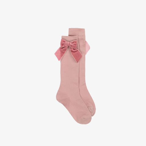 Story Loris-Girls Pink Cotton & Velvet Bow Socks | Childrensalon